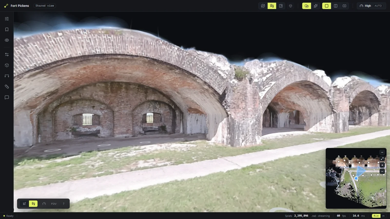 The TwinPoint viewer: a real scan open in the browser with walkthrough tools and a minimap